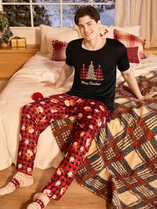 CoupledUp Christmas Element Print Short Sleeve Pants Men Pajama Set - Multicolor - View 6
