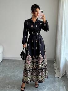 Elenzga Vestido camisero largo estampado para mujer, otoño