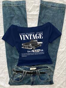 Attitoon Áo thun nữ tay ngắn ôm sát, hở vai, họa tiết ô tô và chữ cổ điển, phù hợp cho mùa hè - Màu xanh hải quân - Xem 1