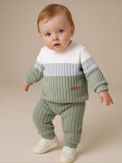 SHEIN Playful Pals 2pcs/Set Baby Boy Colorblock Crew Neck Long Sleeve Sweatshirt And Solid Green Pants, Outfit Suitable For Outings, Casual Wear, Sports, And School, Baby Boy Fall Outfit Baby Casual Set Infant Boy Outfit Baby Boy Outfit Set Baby Boy Clothes Boys Outfit Sets Winter