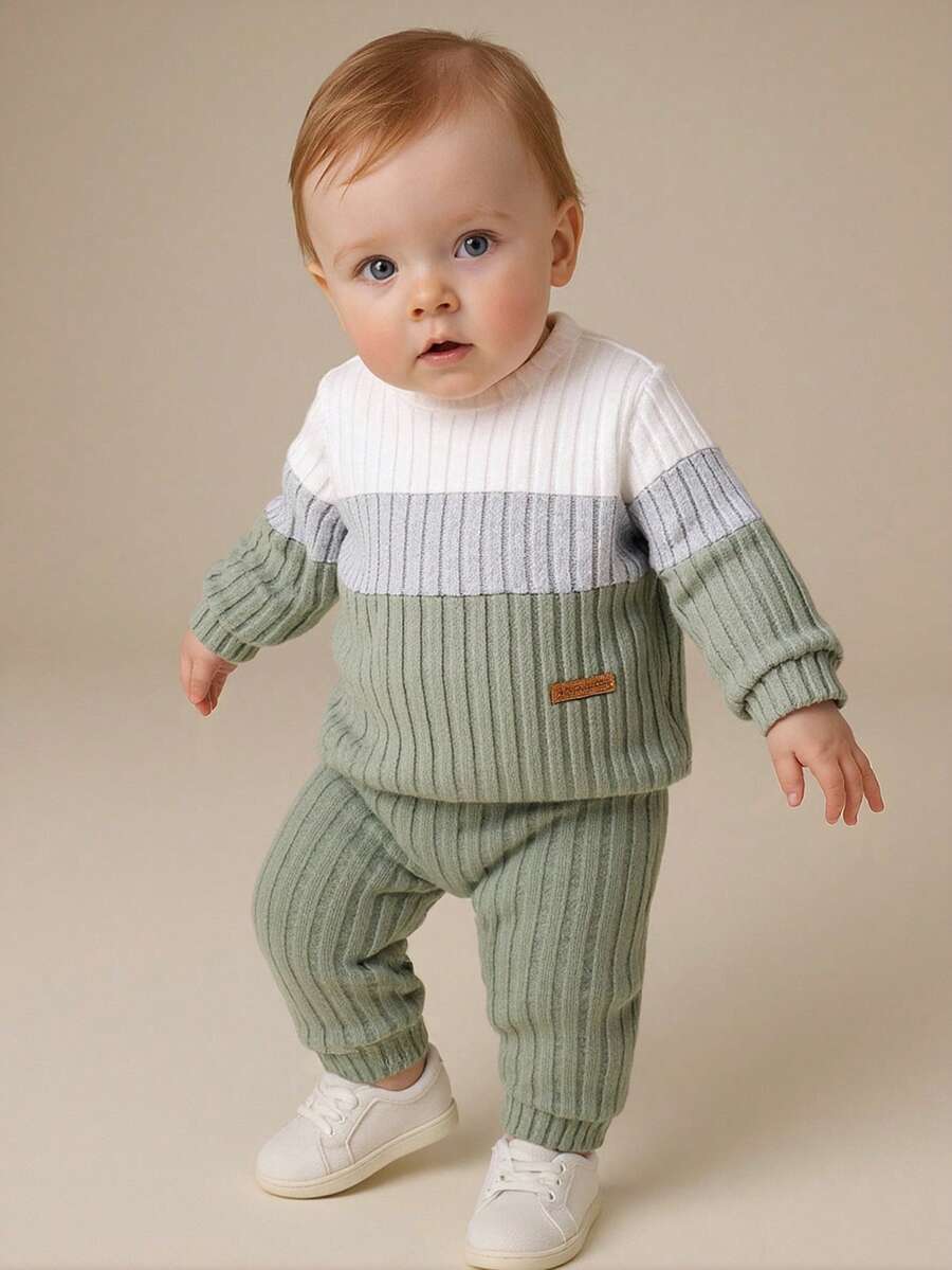 SHEIN Playful Pals 2pcs/Set Baby Boy Sage Green Autumn Modest Family Matching Outfit Colorblock Long Sleeve Sweatshirt And Solid Pants Casual Fall Winter Clothes Set - Multicolor - View 1