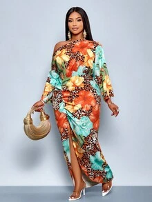 SOLERSUN 大码女式秋冬时尚优雅长袖斜肩露肩前高叉腰长裙，多色花朵豹纹印花，适合度假、工作、婚礼、节日、夏季（图案随机） - 橘色 - 查看 4