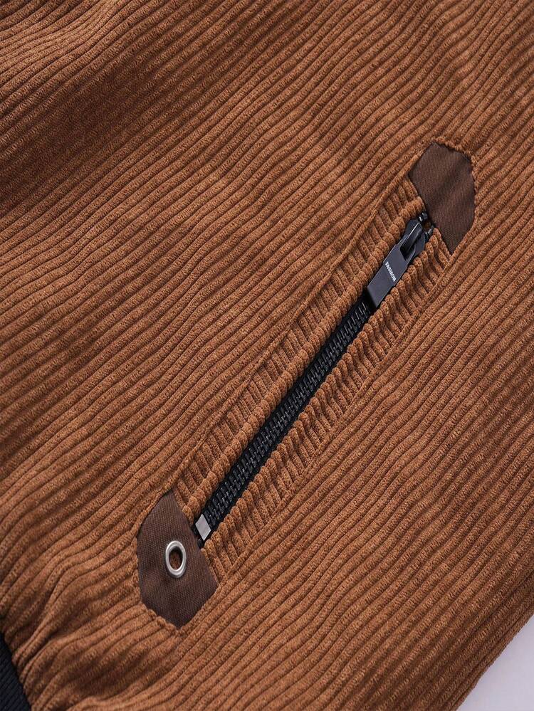 Manfinity Homme 男士秋冬灯芯绒立领保暖夹克，简约优雅，口袋拼接设计，商务休闲两相宜的男士冬季外套，保暖保暖夹克，棕色灯芯绒夹克，送给男友或丈夫的完美节日礼物 - 棕色 - 查看 4