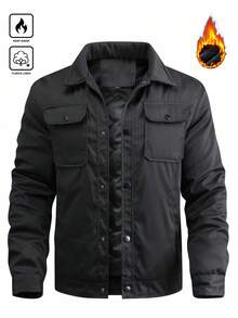 Manfinity Homme Áo khoác nam mùa đông đơn sắc tay dài, một hàng khuy, túi - màu đen - Xem 1