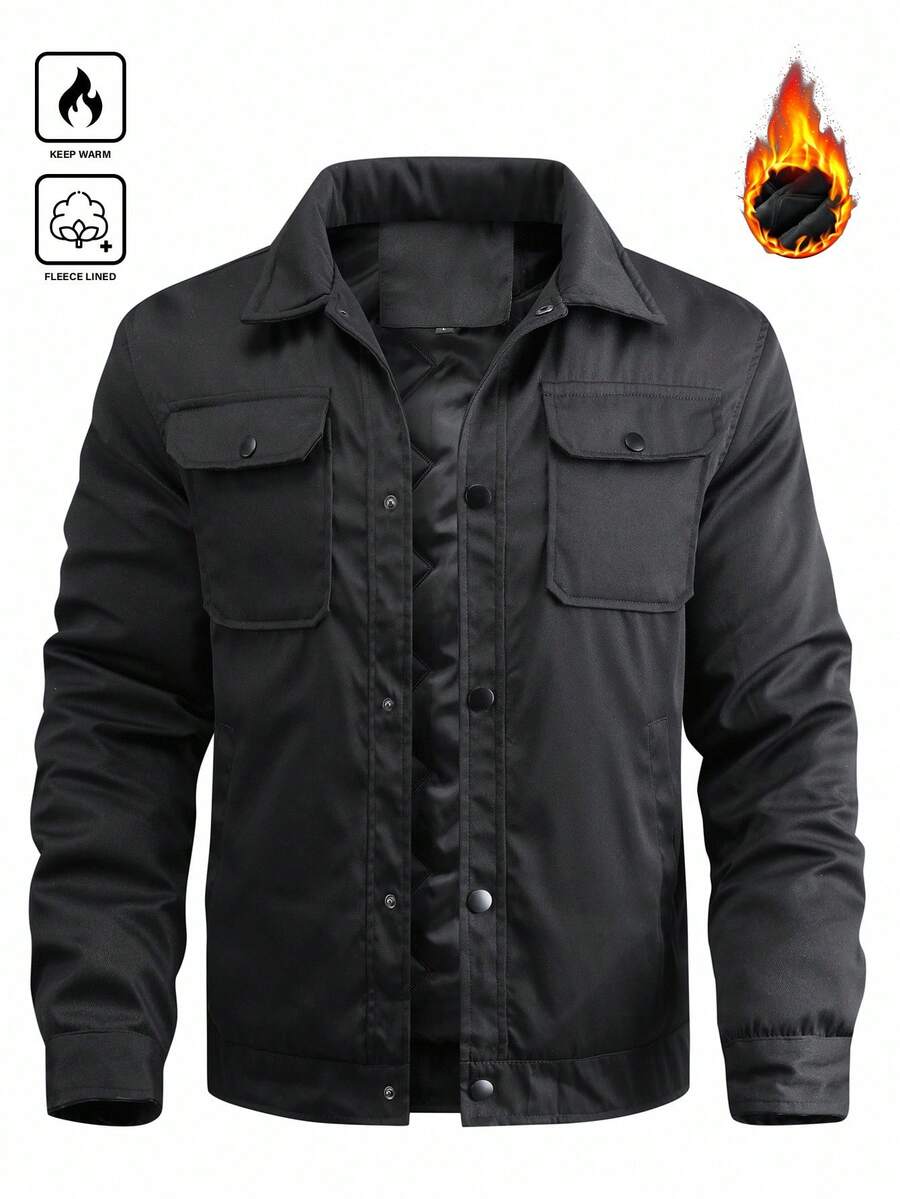 Manfinity Homme Áo khoác nam mùa đông đơn sắc tay dài, một hàng khuy, túi - màu đen - Xem 1