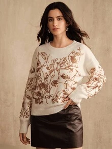 Anewsta Pulover supradimensionat, tricotat moale, cu broderie florală și mărgele, guler rotund, croială lejeră, potrivit pentru toamnă, iarnă, primăvară, Anul Nou, petrecere, nuntă, elegant, șic, stilat, casual, confortabil - cafea maro - Vizualizare 4