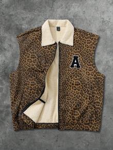 ROMWE MEN Street Life 男士街头美式豹纹字母贴片仿羊毛背心 - 藍色 - 查看 6