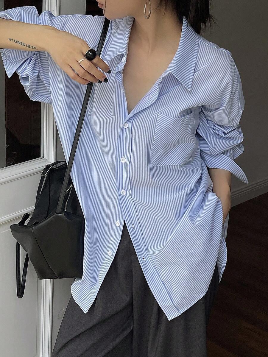 DAZY Áo sơ mi nữ dáng rộng kẻ sọc thường ngày đi học tay dài - trắng - Xem 1