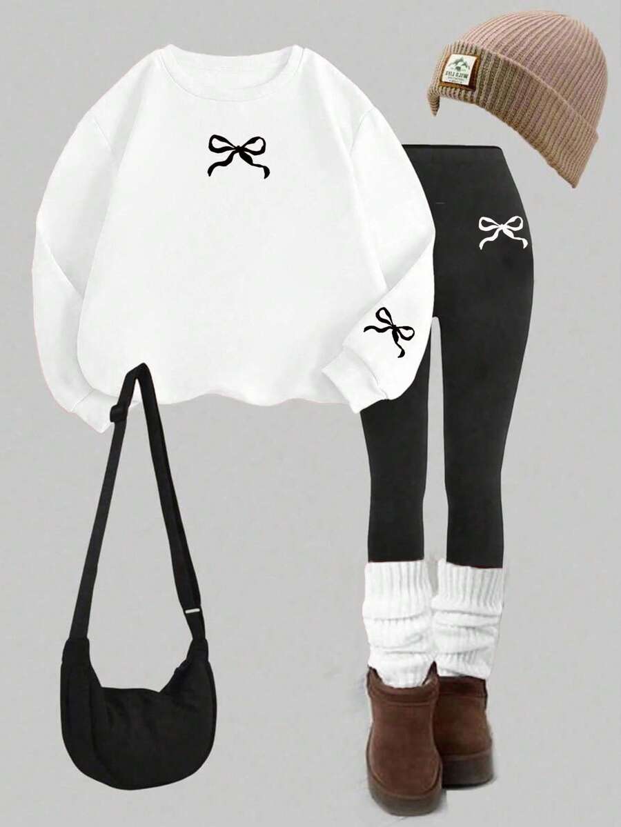 SHEIN Leap Crew Cute Mini Bow Print, Pink, Teen Girls Casual Long Sleeve Hoodie & Pants 2 Pieces Set, Suitable For Autumn/Winter Fall - Multicolor - View 1