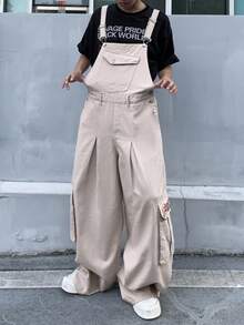 Manfinity Roghcode Men's Khaki Casual Denim Bib Overalls Washed Loose Wide Leg Hiking Going Out For Cargo Overalls - Khaki - View 6