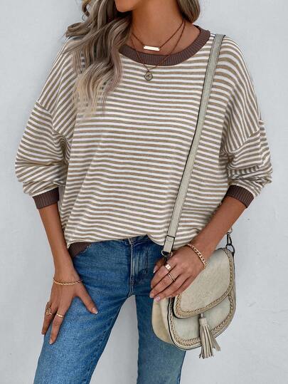 EMERY ROSE Striped Pattern Contrast Trim Drop Shoulder Sweater