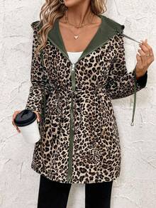 SHEIN Clasi Reversible Leopard Print Casual Zip-Up Long Sleeve Jacket For Women,Fall,Cheetah Print - Army Green - View 4