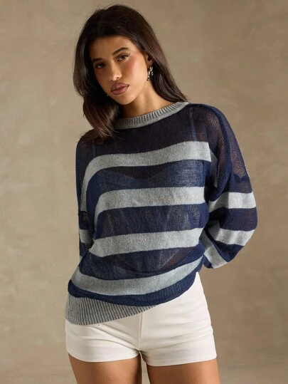 SHEIN BAE Women's Striped Pattern Crew Neck Casual Long Sleeve Knit Top,Winter,Winter Clothes ,Winter Clothes For Women,Fall Clothes For Women ,Halloween,Christmas , New Year ,Thanksgiving, Party ,Navy Blue Striped Casual Tops, Striped Women's Clothing, Striped Tops, Striped Sweaters, Casual Sweaters, Christmas Sweaters, Semi-Sheer Sweaters, Everyday Sweaters