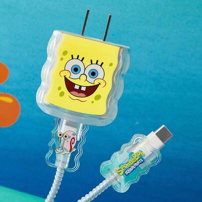 SpongeBob SquarePants | SHEIN Funda protectora para cable de datos, compatible con cargador de , diseño de dibujos animados, 3 piezas de protector de cargador (excluyendo el cable de datos)
