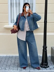 SHEIN ICON Plus Size Women Casual Street Denim Jacket, Autumn/Winter - Medium Wash - View 3
