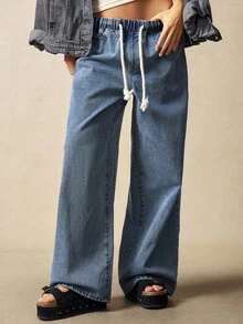 Bohemela Casual Solid Color Woven Denim Loose Pants - Blue - View 4