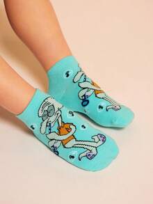 SpongeBob SquarePants | SHEIN 4 双棉质柔软透气吸湿排汗儿童短袜，彩色可爱卡通图案踝袜，加固脚趾和脚跟，经久耐用，男女通用，适合所有季节，百搭，适合学校和户外，夏季冬季，帕特里克、章鱼哥、蟹老板 - 彩色 - 查看 7