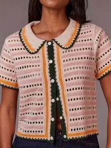 Athîral Casual Women Hollow Out Peter Pan Collar Knitted Top,Knitted Sweater - Multicolor - View 5