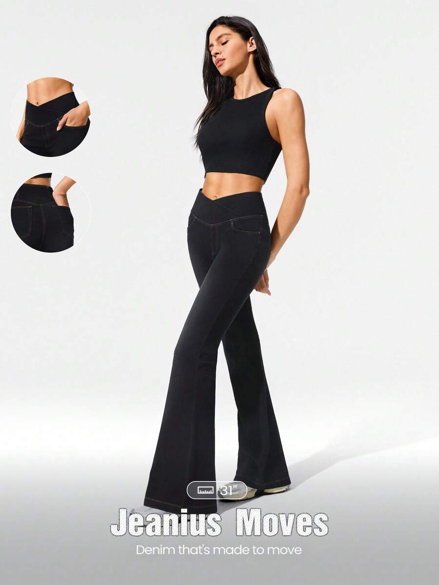 GLOWMODE Jeanius Moves Movin' And Groovin' 弹力透气提臀牛仔交叉腰喇叭腿口袋紧身牛仔裤日常休闲装