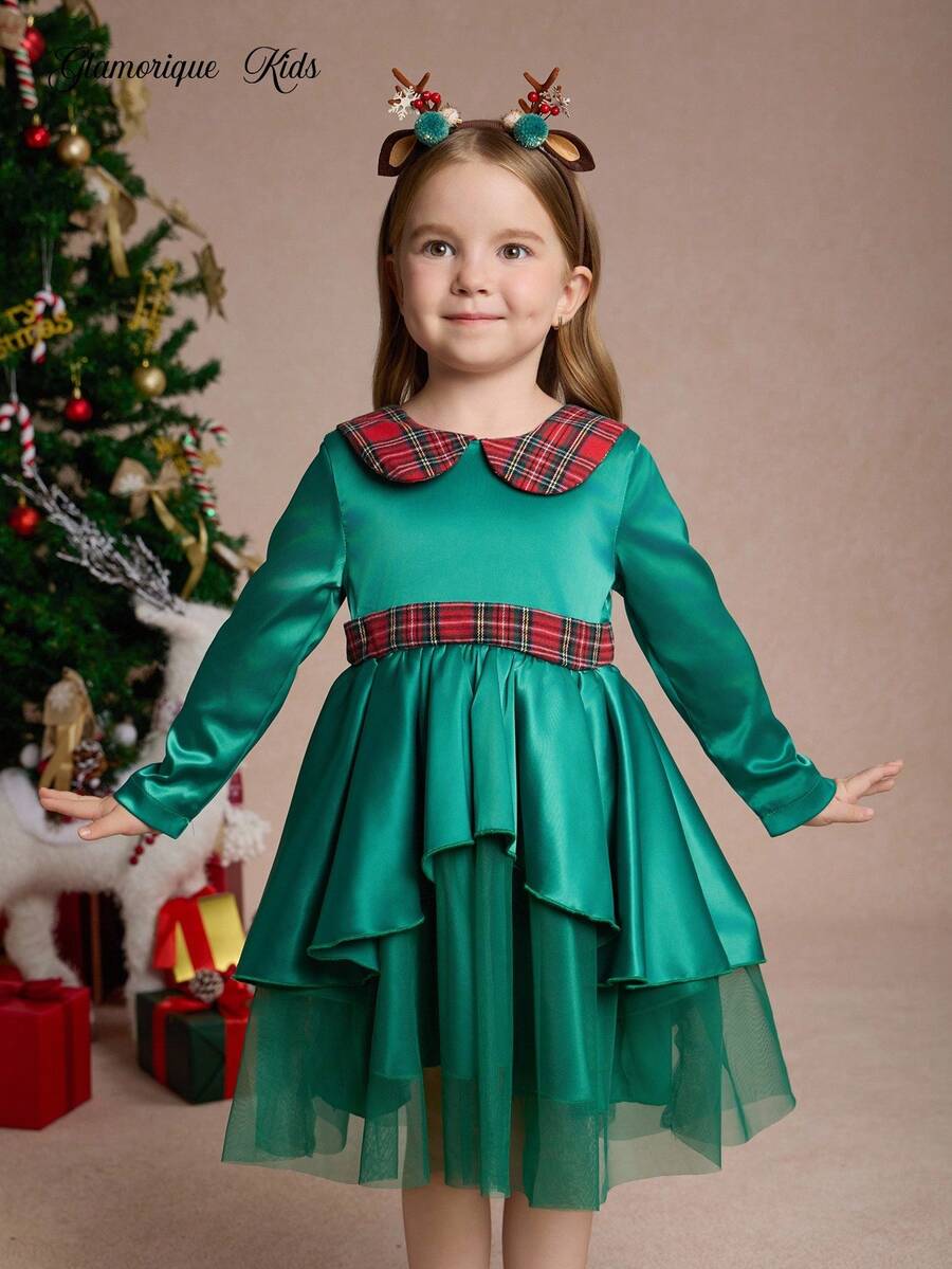 Glamorique Kids Neues Weihnachtskleid für Kleine Mädchen, Karomuster Peter-Pan-Kragen Design, Taillenmuster Design, Rückentaille Karoschleife Design, Kontrastfarbeffekt & eleganter Stil, geeignet für Weihnachtspartys, Alltagstragen, Herbst/Winter - Armeegrün - Übersicht 1