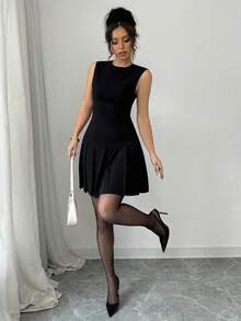 SHEIN PETITE Váy ngắn xếp ly lãng mạn màu đen thanh lịch dành cho nữ, xếp ly eo, thích hợp cho Ngày Độc lập, Mùa tốt nghiệp, Kỳ nghỉ, Sự kiện lễ hội thanh lịch, Giáng sinh, Halloween, Hẹn hò - màu đen - Xem 7