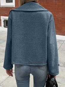 EMERY ROSE Women's Oversized Collar Decorated Button Long Sleeve Overcoat - Teal Blue - View 2