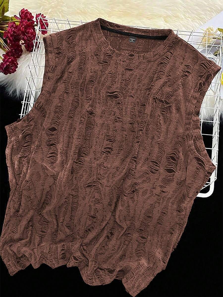 Claim Dot Men's Street-Style Distressed Texture Jacquard Sleeveless Crew Neck Fashion Tank Top - Brown - View 1