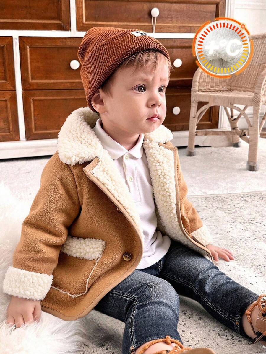 SHEIN Baby Boys Thermal Lined Thickened Soft Comfortable Casual Versatile Classic Lapel Long Sleeve Coat, Mid-Length Outerwear, Suitable For Indoor, Outdoor, Daily, Sports, Play, Party, Holidays, Back To School Streetwear, Autumn/Winter Fall