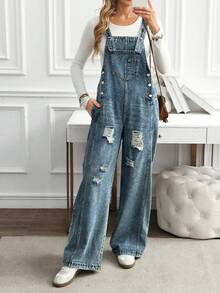 EMERY ROSE Plus Size Denim Overalls/Winter - Blue - View 6