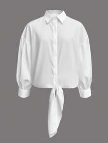 EMERY ROSE Plus Size Women Loose Tie Front Casual Shirt - White - View 1