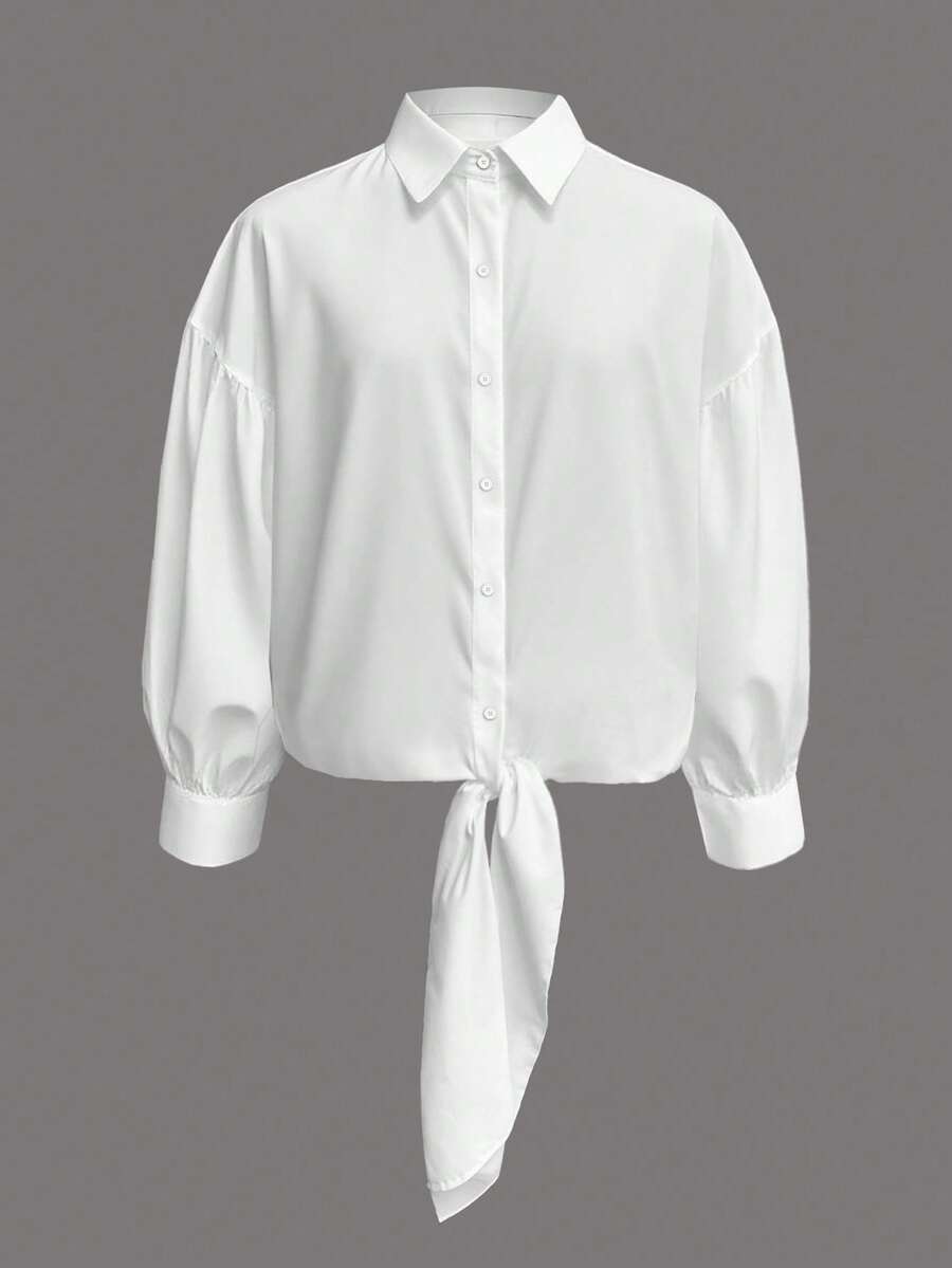 EMERY ROSE Plus Size Women Loose Tie Front Casual Shirt - White - View 1