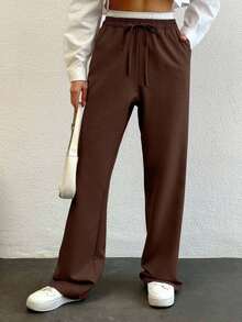 SHEIN Tall Colorblock Wide Leg Pants With Drawstring Wide Leg Sweatpants Brown Pants Flare Sweat Pants Straight Leg Pants Petite Wide Leg Pants - Rust Brown - View 1