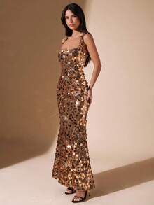 SHEIN BAE 秋冬纯酒红色亮片细肩带修身优雅露背连衣裙，适合派对、活动、节日、正式场合、鸡尾酒会 - 酒紅色 - 查看 5