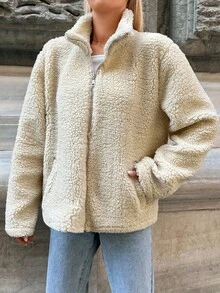 EURMUSE 拉链落肩泰迪外套，女士春秋休闲口袋，拉链落肩漏斗领常规版型米色纯色女士外套，休闲日常穿着 - 米色 - 查看 3