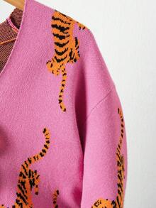 Sparklyn 女童豹纹提花针织开衫，秋冬时尚单品 - 亮橙色 - 查看 3