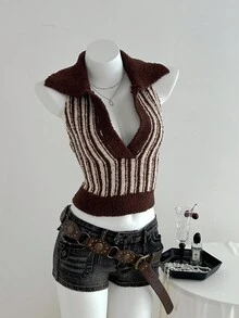 Flirla Pull tricoté à col contrasté décontracté pour femmes, automne/hiver - Multicolore - Voir 5