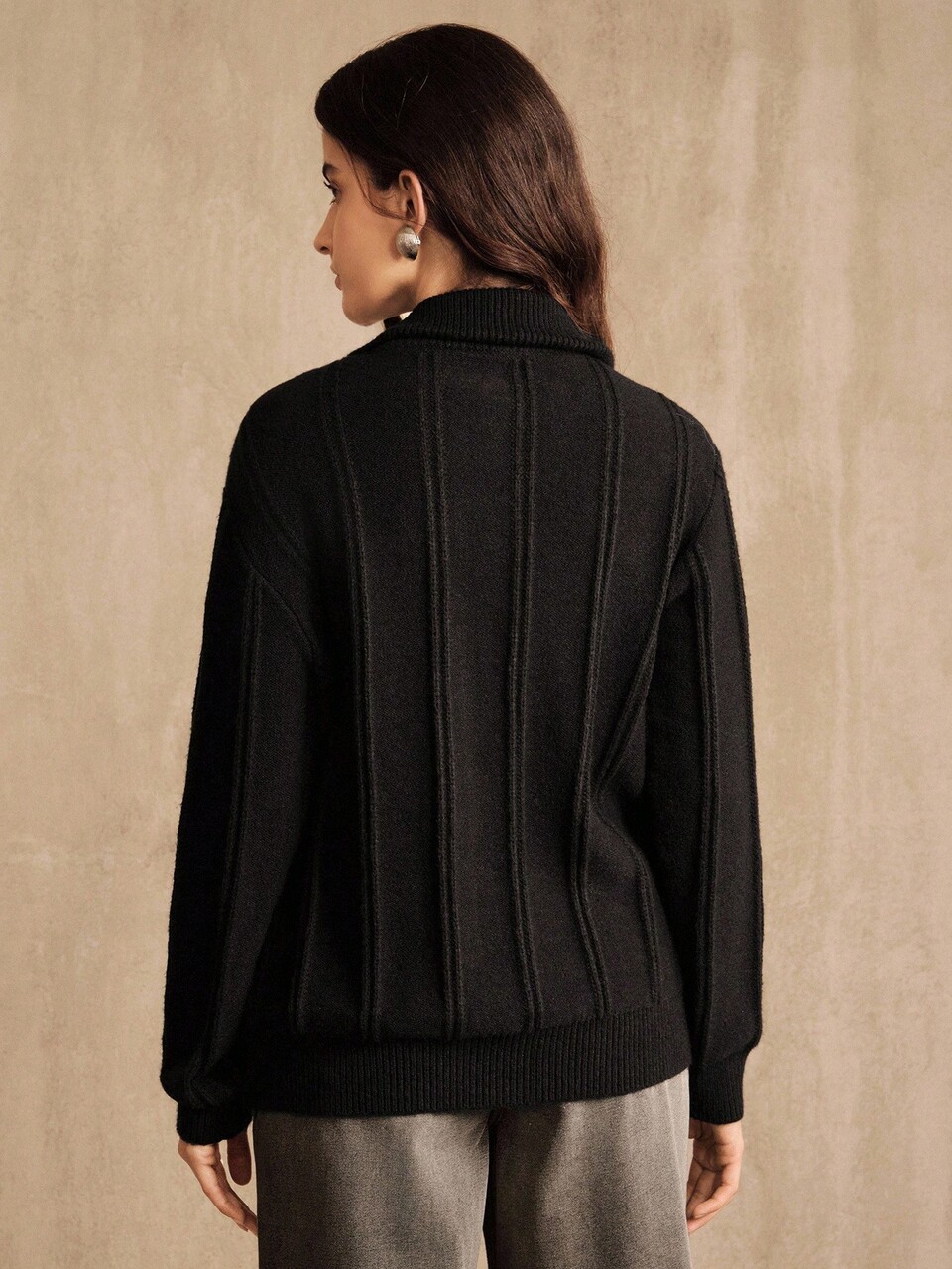 Chaqueta de punto con cremallera, cuello alto, diseño de perlas y rayas verticales, para mujer, otoño/invierno