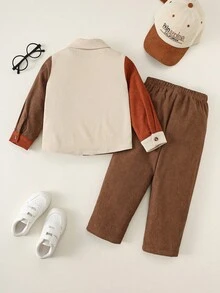 SHEIN 2 件儿童男童休闲日常百搭舒适撞色拼接翻领长袖开衫衬衫和直筒裤套装，适合学校、花园、海滩、生日、春季、夏季、秋季、冬季 - 彩色 - 查看 3