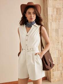 Wildy 女式纯色休闲连体衣 - 白色 - 查看 2