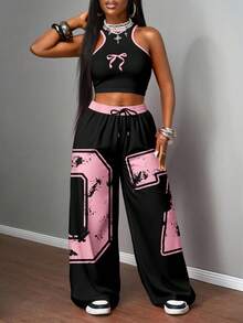 SHEIN Slayr 2 件套女士休闲街头紧身吊带背心和宽松裤套装，适合街头，数字 07 和蝴蝶结印花，适合球类运动 - 彩色 - 查看 5