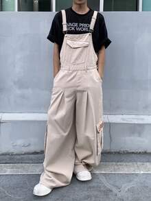 Manfinity Roghcode Men's Khaki Casual Denim Bib Overalls Washed Loose Wide Leg Hiking Going Out For Cargo Overalls - Khaki - View 4