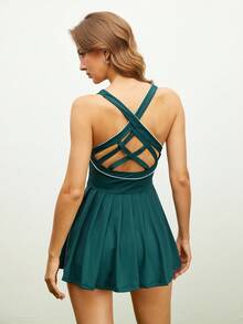 SHEIN Sports Women's Green Criss-Cross Back Pleated Athletic Dress, Tennis Dress - Green - View 2