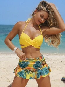 SHEIN Swim Summer Beach Plant Print Wrap Halter Skort Bikini