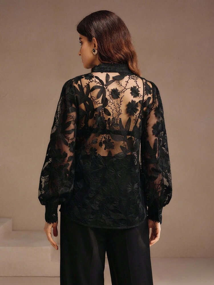 Anewsta Women's Autumn Embroidered Lace Floral Mesh Delicate Collar Pearl 3D Flower Puff Sleeve Semi-Sheer Fitted Blouse, Suitable For Fall, Winter, New Year, Elegant, Chic, Stylish, Christmas, Going Out