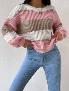 Chiquease 女士休闲宽松撞色圆领落肩长袖毛衣，秋季 - 彩色 - 查看 6