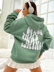 SHEIN Unity Slogan Graphic Drop Shoulder Drawstring Thermal Lined Hoodie GOOD THINGS ARE COMING - Mint Green - View 3