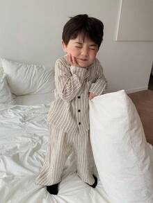 Hapijoa 两件套幼儿男童韩版条纹衬衫和宽松裤子睡衣套装 - 米色 - 查看 3