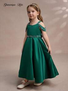 Glamorique Kids 四季女童婚礼宾客/花童礼服，露肩无袖连衣裙，优雅缎面亮片装饰绿色礼服，适合特殊场合 - 墨綠色 - 查看 5