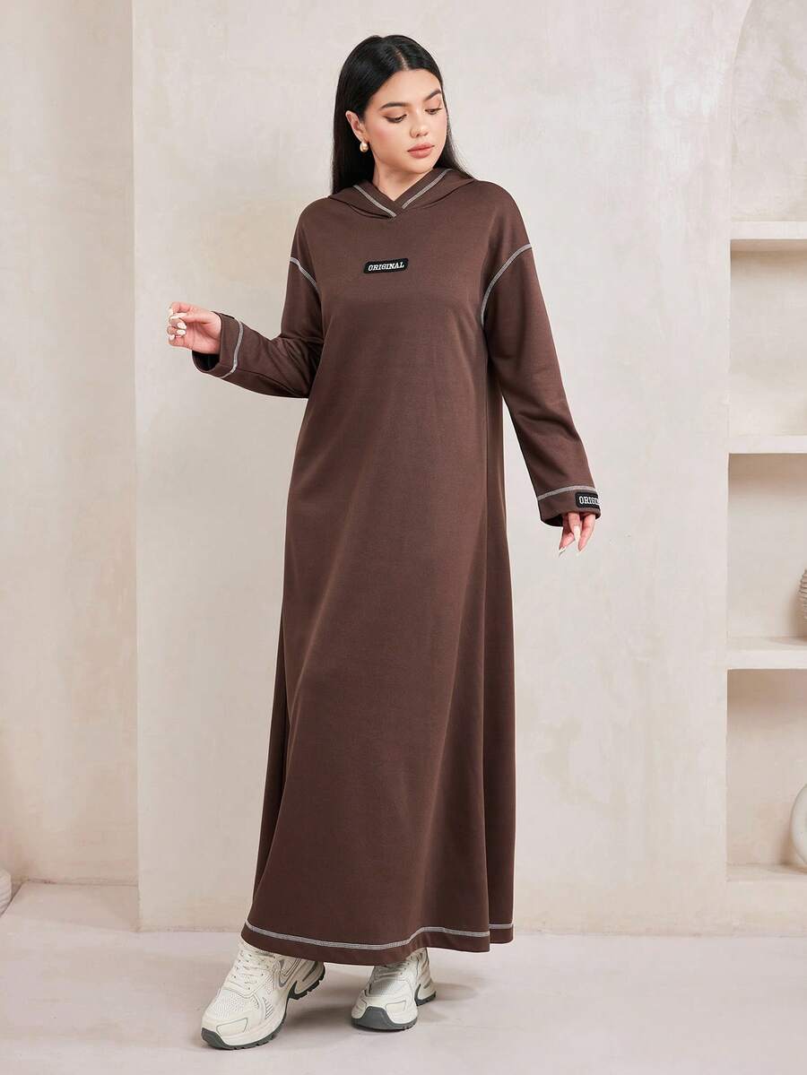 Veilorie 女式秋季撞色条纹字母印花长款连帽卫衣连衣裙 - 棕色 - 查看 1