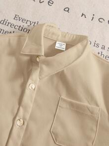 SHEIN Young Boys' Casual Comfortable Versatile Solid Color Oblique Placket Turndown Collar Long Sleeve Shirt, Suitable For Graduation And Back To School Season - Khaki - View 4